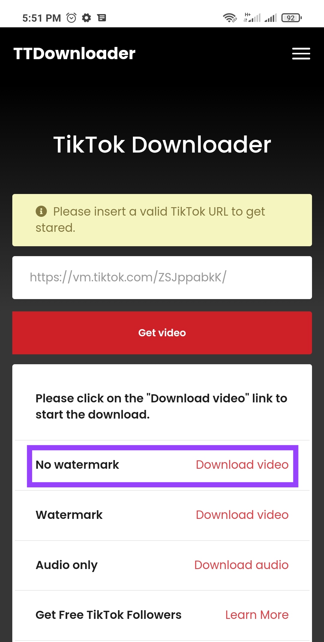 تنزيل الفيديو من خلال خيار No watermark على الهاتف