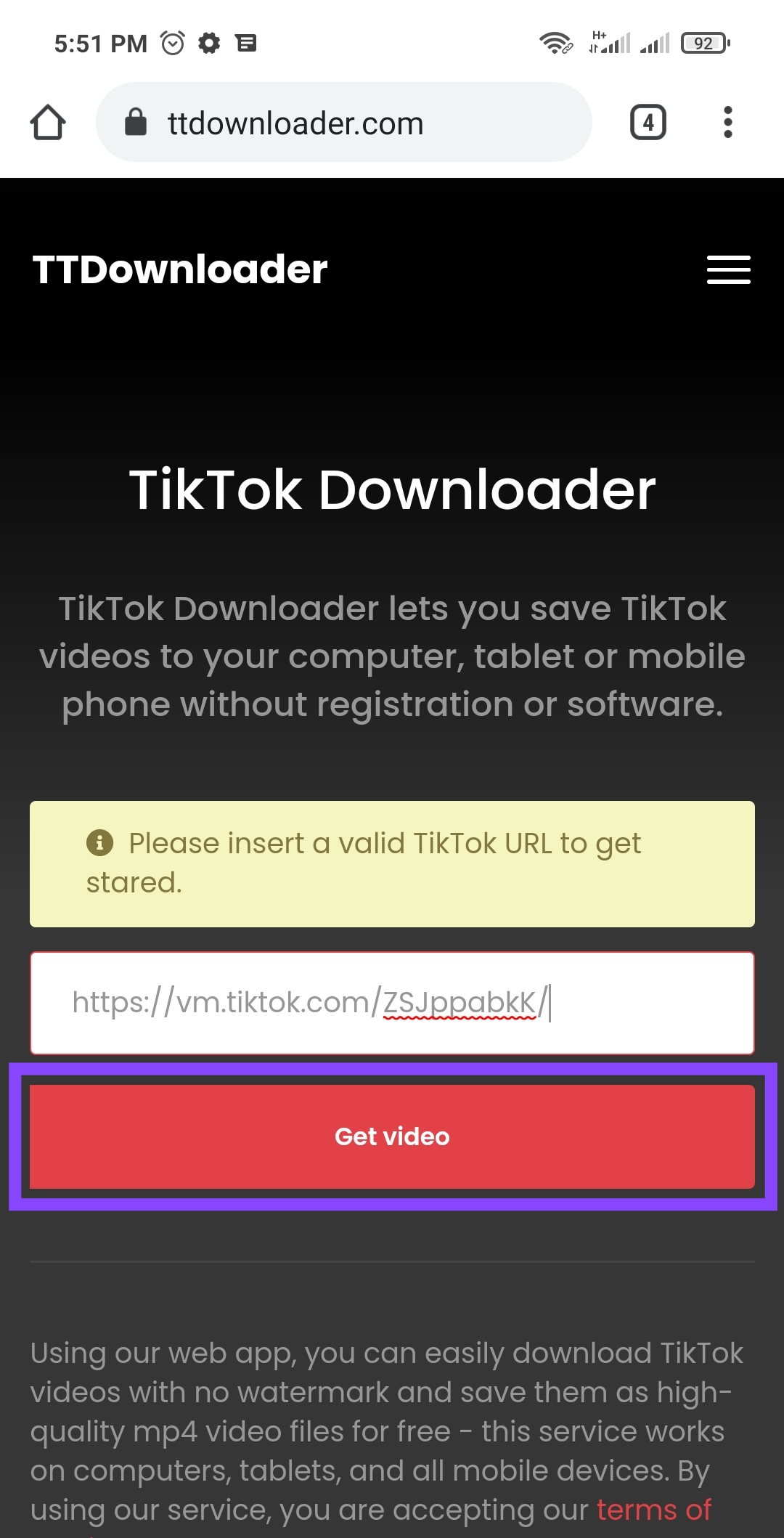 علامة Get video على موقع TikTok Downloader في الهاتف