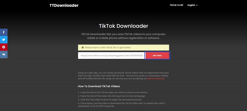 علامة Get video على موقع TikTok Downloader نسخة الديسكتوب